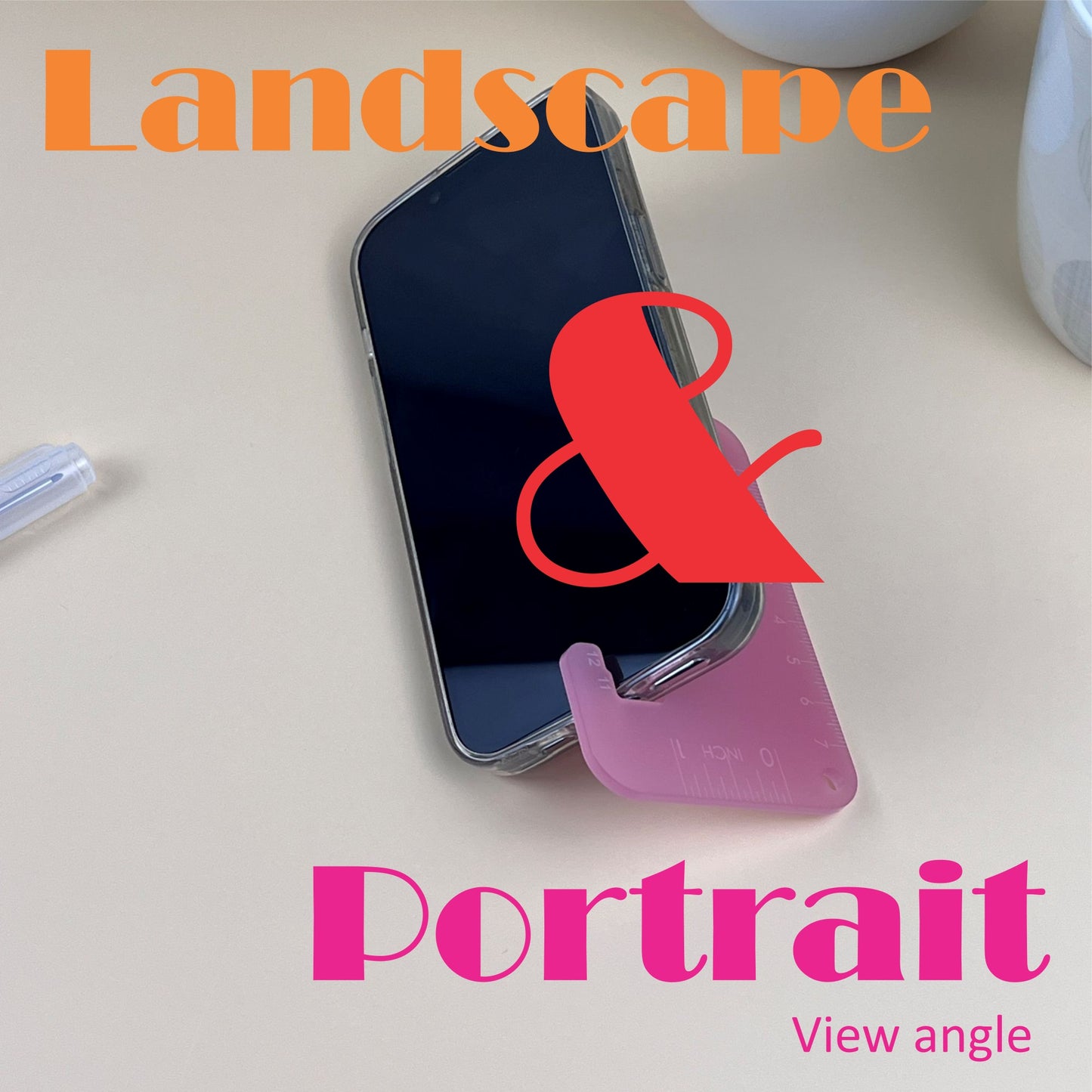 mobile cell phone stand holder tag, clear acrylic, mini ruler