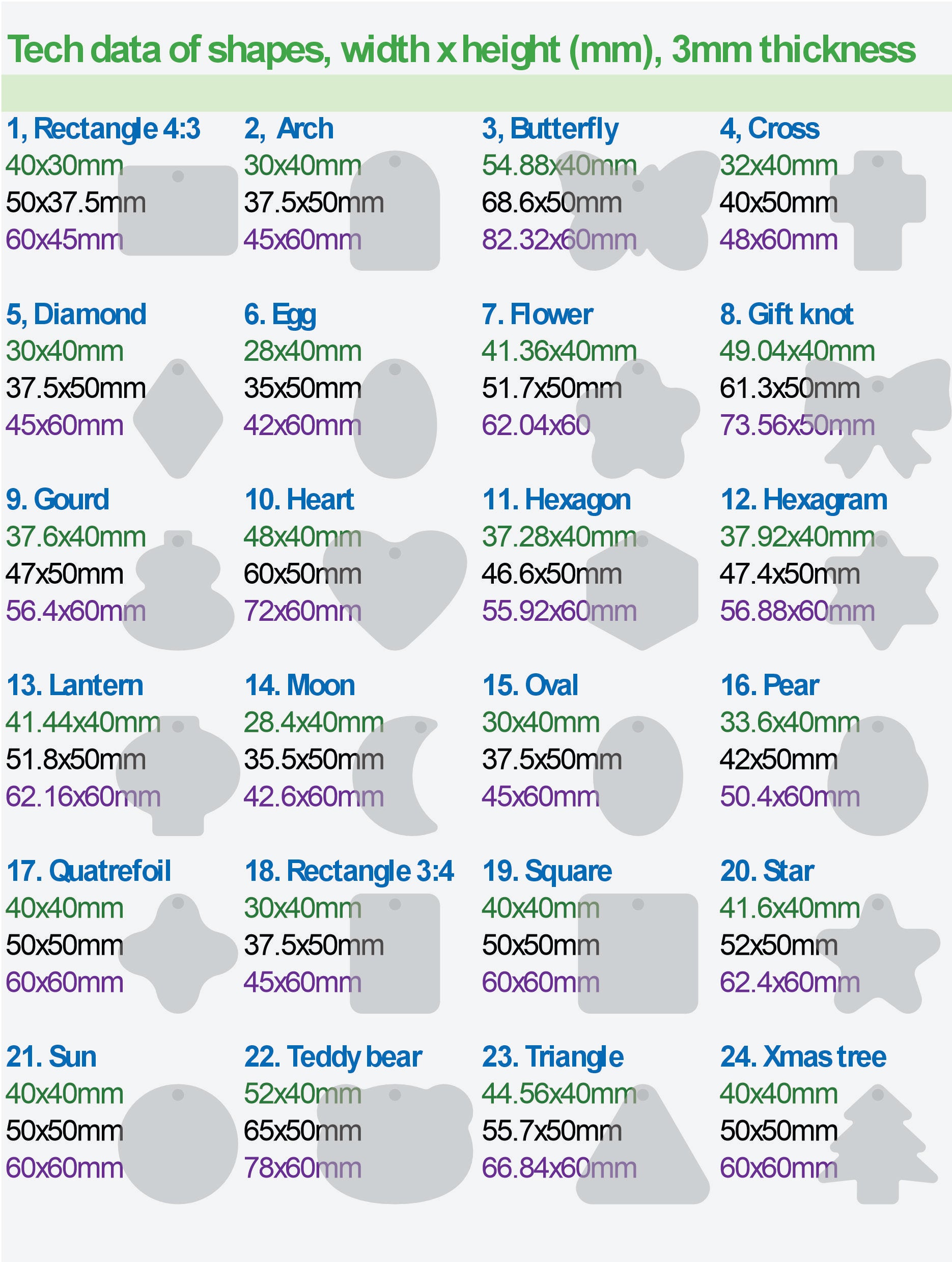 size data of acrylic shapes with hole
